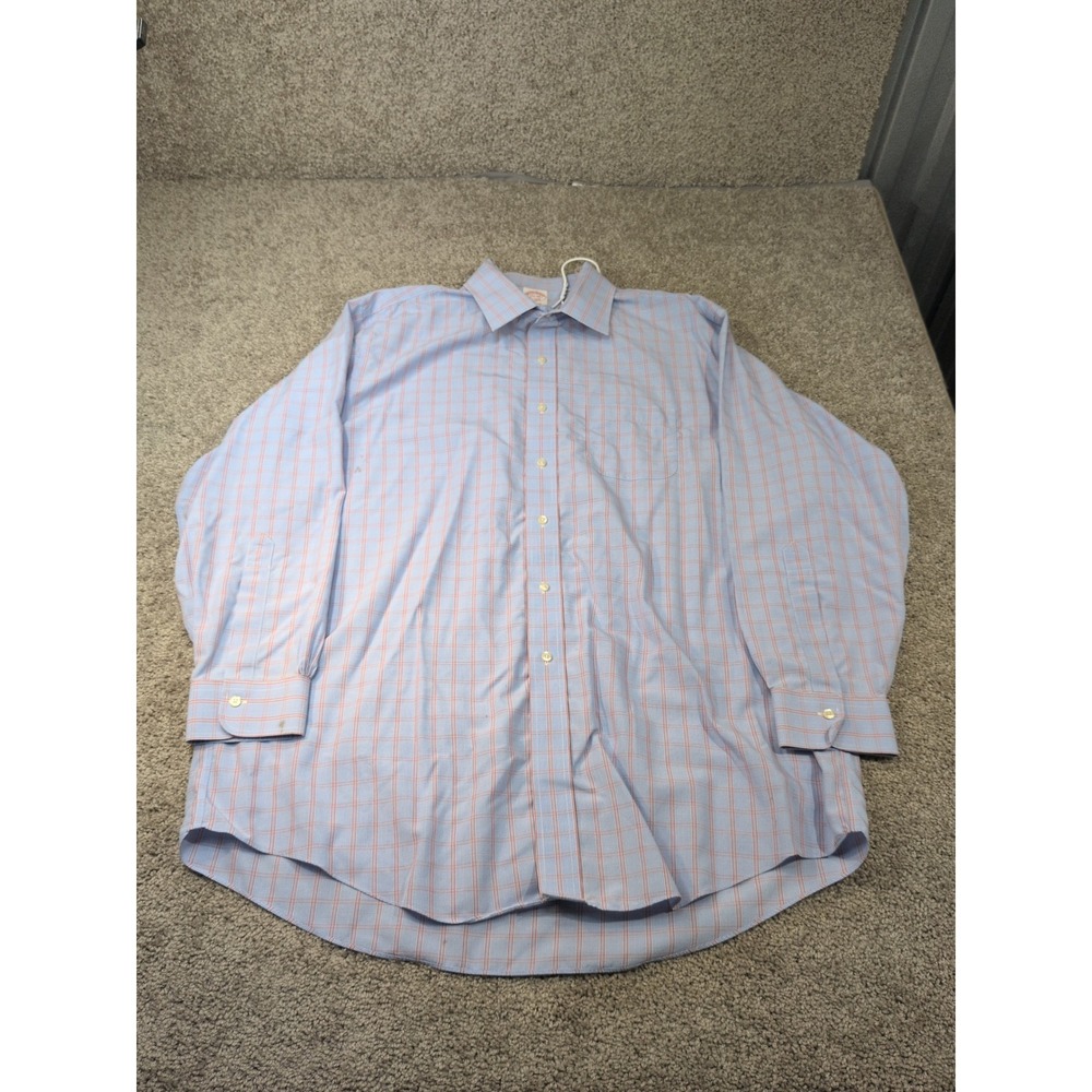 Brooks Brothers Madison Dress Shirt Mens 17.5 34 Blue Red Plaid Supima Non-Iron